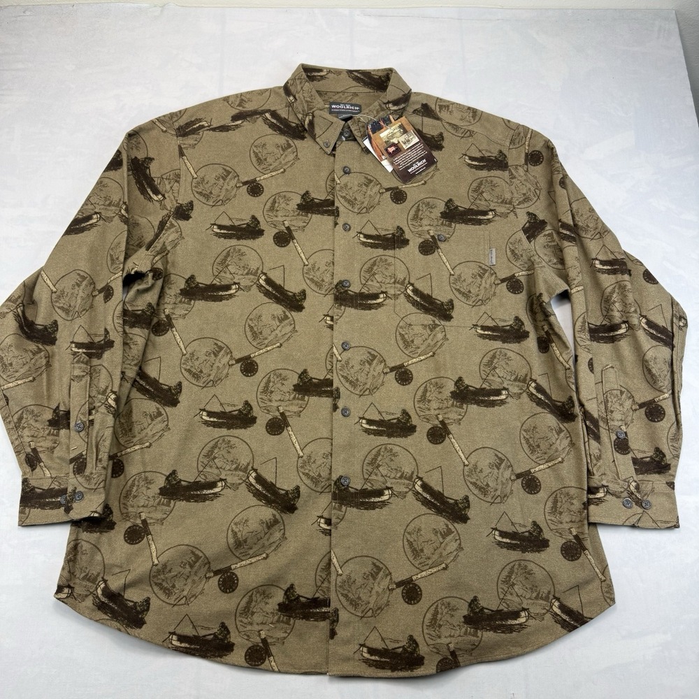 NWT Woolrich Men's 2XL Fishing Canoe Print Flannel Shirt